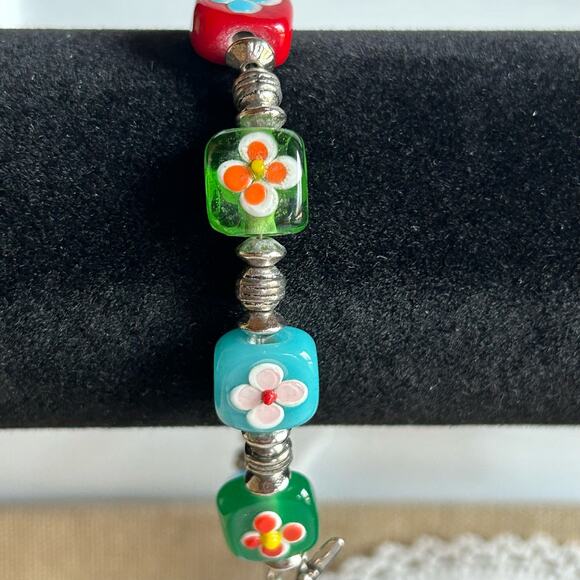 Colorful Square Flower Glass Beaded Bracelet 925 Sterling Clasp - Picture 6 of 11
